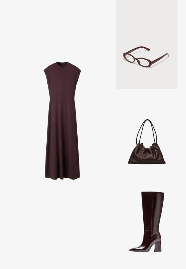 Robe longue en maille marron foncé sans manches, avec col rond haut et légère évasement à l'ourlet sur fond blanc.; Botte en cuir marron jusqu'au genou avec un bout pointu et un talon en bloc texturé. Présente des lignes épurées et des détails de couture minimalistes.; Des lunettes de soleil rouges en forme ovale avec des verres transparents et une monture brune élégante. Le design présente des courbes subtiles et un matériel minimal.; Sac à main en cuir brun foncé souple avec une forme flasque et deux fines bretelles sur fond blanc.