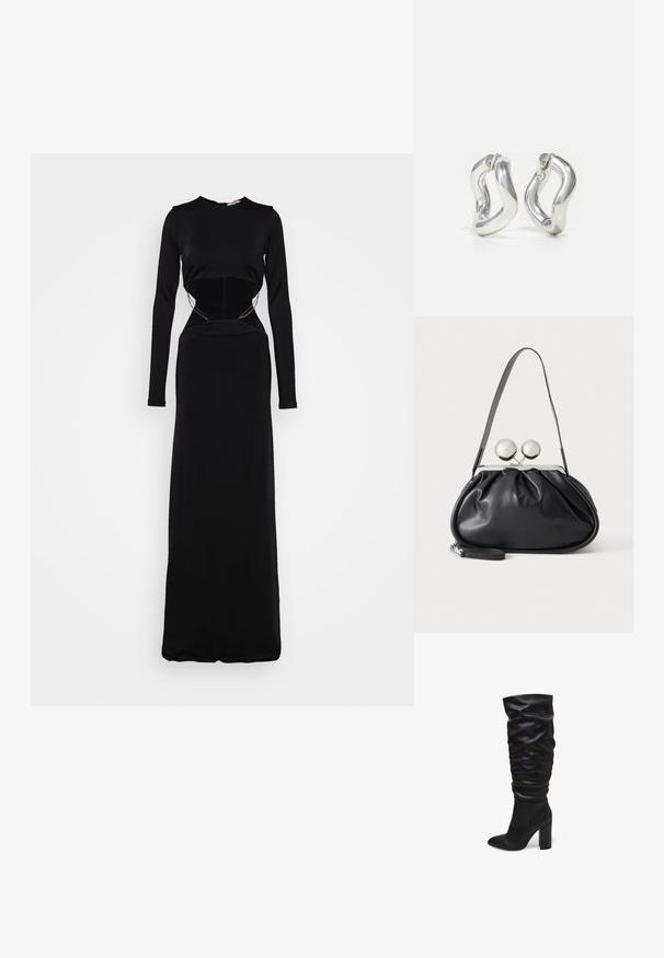 Et Ochs LUISA LOW RISE CHAIN GOWN - Robe de cocktail - black; Bottes noires montantes en cuir texturé avec un design froncé et un bout pointu, dotées d'un talon block chunky.; Sac à main en cuir noir avec un design plissé, une sangle unique, un cadre métallique argenté et deux grandes fermoirs ronds en argent.; Boucles d'oreilles créoles argentées avec un design torsadé. Bords arrondis et finition brillante. Fermoirs ouverts pour un port facile. Texture lisse sur toute la surface.