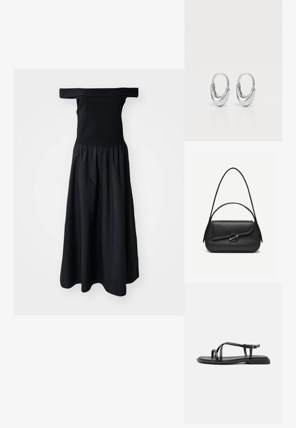 Robe noire dénudée des épaules avec un corsage ajusté et une jupe fluide froncée, fabriquée en tissu léger. Texture lisse, longueur mi-genoux.; Sandales plates noires avec de fines brides réglables, un entre-doigt rectangulaire et une finition mate texturée. Elles présentent un talon bas légèrement carré.; Sac à main en cuir noir avec bords arrondis, rabat asymétrique, fermoir circulaire en métal, et des bandoulières courtes et longues.; Boucles d'oreilles en argent en forme de goutte d'eau, courbées et à finition polie. Dotées d'un fermoir sécurisé et d'une texture lisse.