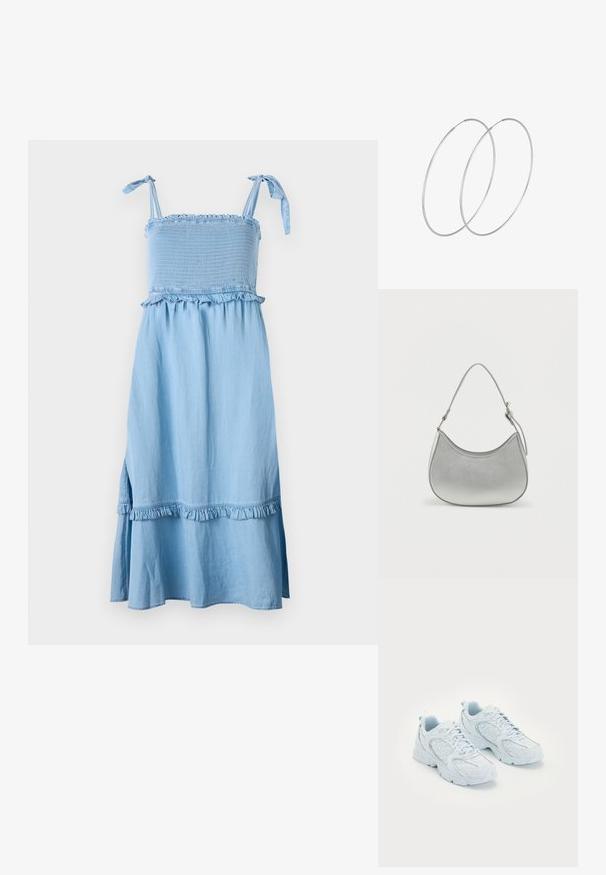 Vestido sin mangas de color azul claro, con un corsé fruncido, acentos con volantes y falda acampanada. La tela parece suave con un acabado ligeramente texturizado.; Zapatillas deportivas de color azul claro con una parte superior de malla y sintético, que presentan manchas blancas y detalles reflectantes, diseño con cordones y suelas acolchadas.; Bolso de mano de imitación cuero plateado con forma curva, correa corta ajustable y textura suave, que presenta un detalle de costura minimalista.; Pendientes de aro plateados con un diseño minimalista. Forma circular, textura suave y perfil delgado. Livianos con un acabado pulido.