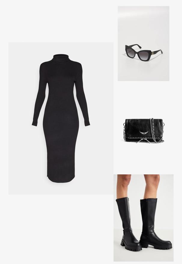 ONLY ONLLEONORA MIDI DRESS - Jurk - black; Zwarte kniehoge laarzen van glad synthetisch leer met een dikke zool, zijrits en een ronde neusontwerp.; Kat-oog zonnebril met zwarte kunststof montuur, gradient lenzen en gouden logo-accent op de veren. Gladde textuur, scherpe hoeken.; Zwarte clutch van getextureerd leer met zilverkleurige studdetails, dubbele ritssluitingen, vleugel-embleem en een zilveren schouderketting op een witte achtergrond.