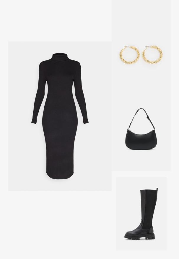 ONLY ONLLEONORA MIDI DRESS - Freizeitkleid - black; Schwarze kniehohe Stiefel mit einer glatten Lederfront und einem strukturierten Stoffrücken, ausgestattet mit einer kräftigen, genoppten Sohle und einer Zuglasche für ein einfaches Anziehen.; Pieces PCALUANA SHOULDER BAG - Handtasche - black; Goldene Creolen mit einer strukturierten Oberfläche und kleinen, abgerundeten Akzenten. Kreisförmiges Design und Steckverschluss.