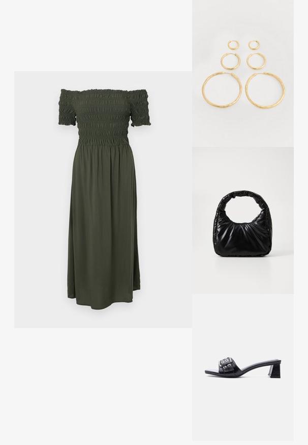 Robe décolletée en vert olive foncé, avec un corsage smocké, des manches courtes et une jupe fluide longueur cheville. Tissu doux et léger.; Mule noire à bout ouvert avec talon bloc bas et large bride ornée d'une boucle argentée et de détails à œillets, vue de côté.; Sac à main noir rembourré avec une poignée arrondie, présentant une surface lisse et brillante ainsi qu'une texture douce et matelassée. Pas de quincaillerie ou d'accents visibles.; Boucles d'oreilles en or de différentes tailles, présentant une texture lisse et polie ainsi qu'une forme arrondie, avec un design de fermoir sécurisé.