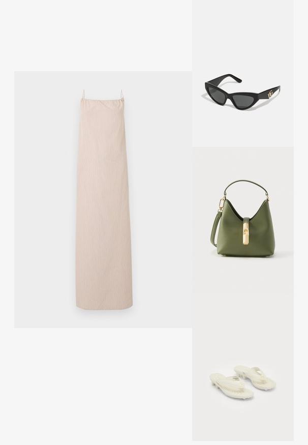 Robe maxi sans manches à rayures verticales beige et blanche, avec fines bretelles et encolure droite.; Sandales thong crème de Puma avec de petits talons et des semelles rembourrées, dotées de logos dorés de Puma sur les brides.; Lunettes de soleil en œil de chat avec une monture en plastique noir mat, des verres foncés et un accent en or avec le logo sur la branche. Design angulaire et texture lisse.; Sac à main en cuir vert avec finition texturée, ferrures dorées et un fermoir au design unique. Dispose d'une petite poignée et d'une bandoulière amovible.