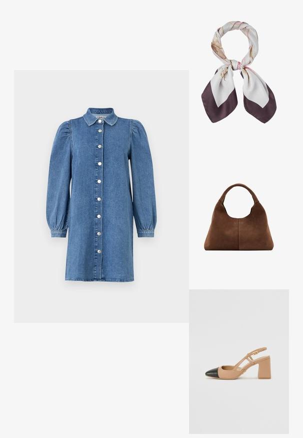 Denimkleid mit langen Puffärmeln, Knopfleiste, Kragen und geradem Schnitt. Blauer Stoff mit glatter Textur.; Beige Slingback-Schuh mit schwarzer Kappe, quadratischem Absatz und zwei Riemenakzenten, aus glattem Material gefertigt.; Seidenschal mit floralen Mustern in Beige und Pink, zu einem Knoten gebunden, mit breiten dunkelvioletten und weißen Randkanten.; Braune Wildleder-Handtasche mit abgerundetem Griff und leicht trapezförmiger Form, mit sichtbarer zentraler Naht vor weißem Hintergrund.