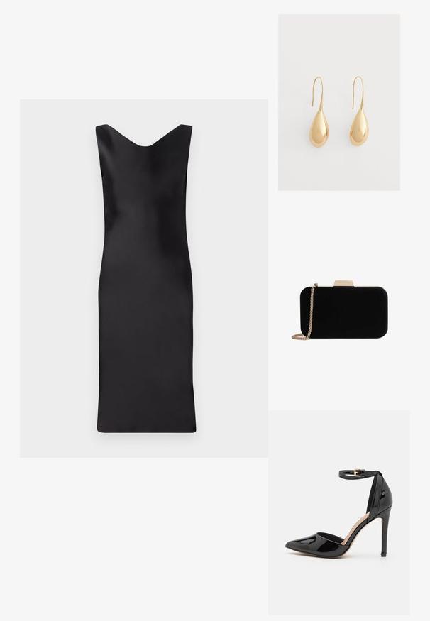 Robe sans manches en satin noir avec un décolleté en V, silhouette ajustée et longueur en dessous du genou. Texture lisse et design minimaliste.; Escarpin en cuir verni noir avec un bout pointu, une bride de cheville et un talon aiguille fin. Texture lisse avec une finition brillante.; Pochette en velours noir avec quincaillerie dorée, de forme rectangulaire, et une bandoulière en chaîne, présentant une texture lisse et sans motifs visibles.; Paire de boucles d’oreilles dorées brillantes en forme de goutte avec crochet sur un fond gris clair uni.