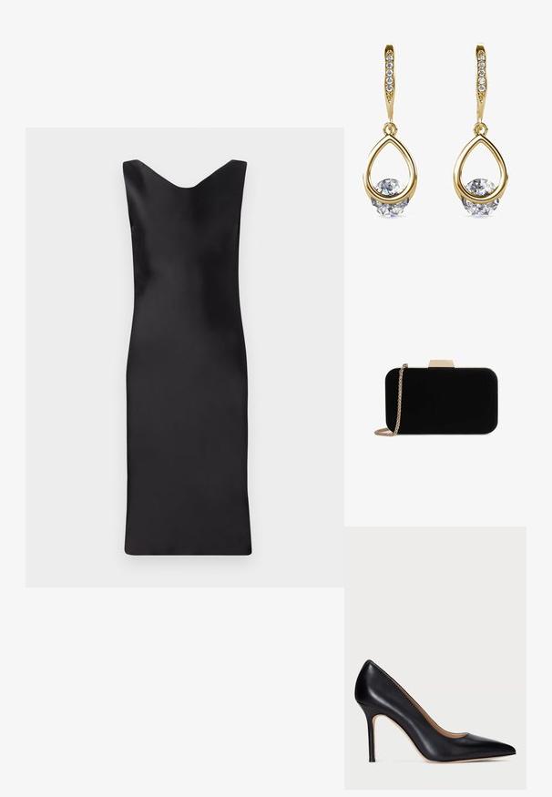 Schwarzes Satin ärmelloses Kleid mit V-Ausschnitt, figurbetontem Schnitt und knielanger Länge. Glatte Textur und minimalistisches Design.; Schwarze Leder-Pumps mit hohem Absatz, spitzem Schuhkopf und schlankem Stiletto-Absatz. Die glatte Textur und die minimalen Details verleihen ein klassisches Design.; Schwarze Samt-Clutch mit goldfarbener Hardware, rechteckiger Form und Kettenriemen, mit glatter Textur und ohne sichtbare Muster.; Goldene Tropfenohrringe mit runden, klaren Edelsteinen an der Basis. Texturierter Oberbereich mit kleinen, runden Akzenten entlang des Creolen.