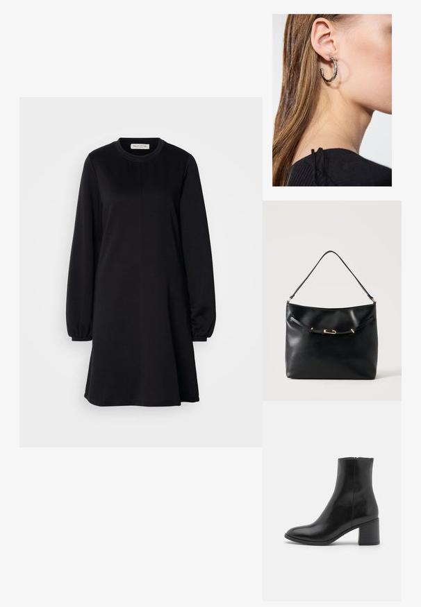 Robe noire en tissu doux avec un col rond, de longues manches bouffantes et une silhouette légèrement évasée. Présente un design minimaliste.; Bottine en cuir noir avec un bout arrondi, un talon bloc de hauteur moyenne et une finition lisse. Dotée d'une fermeture éclair discrète sur le côté.; Sac à épaule en cuir noir avec une bandoulière unique et un petit détail de boucle dorée à l'avant, sur un fond clair uni.; Boucle d'oreille en argent avec une finition polie, présentant de petits détails en or et de forme ronde, portée sur le lobe.