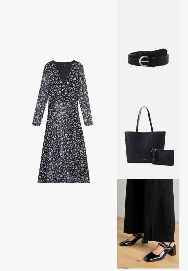 Vestido negro envolvente con mangas largas, que presenta un patrón floral en blanco y morado. Confeccionado en un tejido ligero y con una silueta fluida.; Zapatos de charol negro tipo slingback con puntera cuadrada, que cuentan con dobles correas ajustables en el tobillo y tacones en bloque. Acabado suave y brillante.; Bolsa tote negra con material texturizado, dos asas largas y un bolso con cremallera removible que cuenta con un detalle de borlas. Logo de la marca en dorado visible.; Cinturón de cuero negro con una hebilla redonda plateada, diseño plano, extremo cónico, textura suave y estilo minimalista.