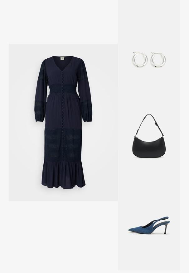Tumesinine maxi kleit pikkade varrukatega, V-kaelus, nööpide ees, tekstureeritud kehaosa ja volangiga äär. Omab pitsaktsente ja läbipaistvaid paneele.; Sinine denim slingback kontsaga jalatsid terava ninaga, musta kitsase kontsaga ja tekstuurse kanga ülaservaga. Avatud seljaosa disain.; Pieces PCALUANA SHOULDER BAG - Käekott - black; Hõbedased rõngaskõrvarõngad poleeritud viimistlusega, ringikujulise kujuga ja hingedega kinnitusega. Sile tekstuur minimaalsete detailidega.