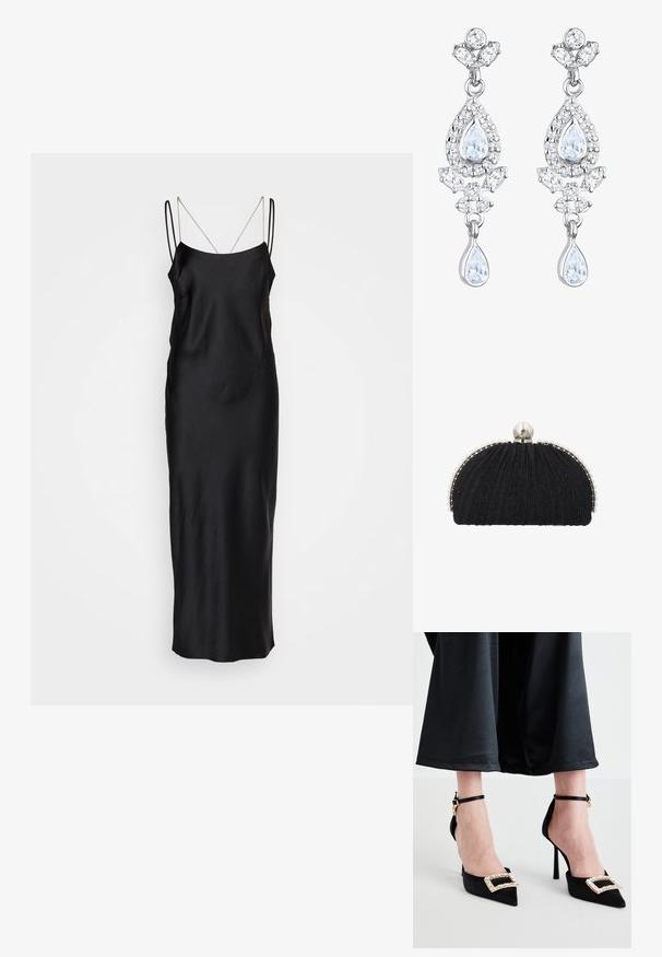 HUGO KENZEL - Cocktailkjole / festkjole - black; Sorte satin højhælede sko med spidse tæer, der har en dekorativ rhinesten spænde og tynde ankelremme.; Sort aftenclutch med tekstureret stof, indrammet af en række små perler og en stor perle-lukning på toppen.; Elli ANTIQUE DROP - Øreringe - weiß
