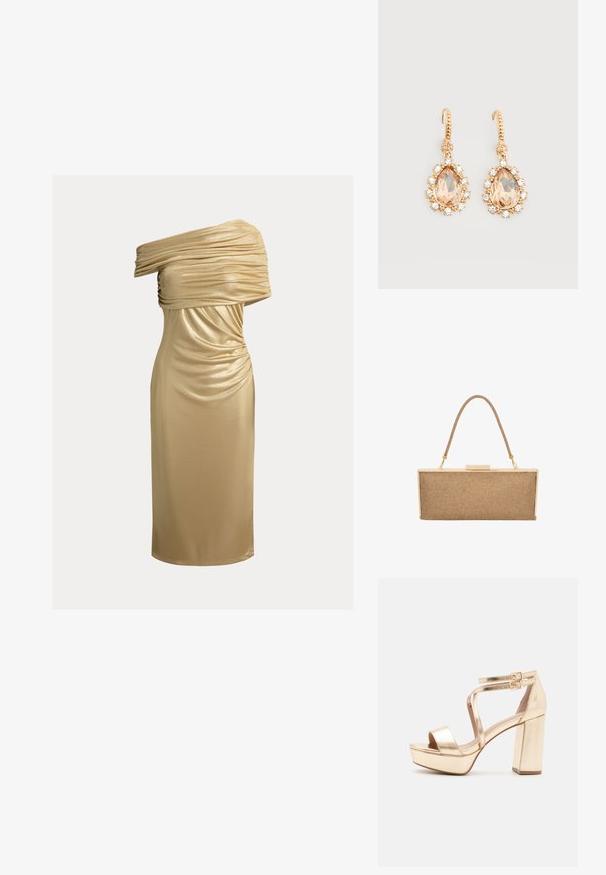 Robe dorée asymétrique longueur genou avec des détails froncés sur le corsage et une silhouette ajustée.; Sandales plateformes métalliques dorées avec un talon bloc épais, bout ouvert et des sangles croisées à la cheville avec des accents de boucles. Texture lisse.; Sac à main de soirée en métal doré avec une texture tissée beige, doté d'une courte anse et d'une fermeture à clip, en forme rectangulaire. Design léger.; Boucles d'oreilles à crochets en or avec de grandes pierres poires pêche entourées de petits cristaux clairs sur un fond blanc uni.