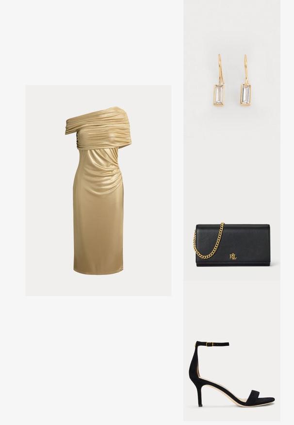 Goldfarbenes Ein-Schulter-Kleid bis zum Knie mit gerafften Details am Oberteil und enger Silhouette.; Schwarze Wildleder-Sandalette mit schmalem Knöchelriemen und goldener Schnalle, offenem Zehenbereich und mittelhohem Absatz auf weißem Hintergrund.; Schwarze Lederbörse mit einer goldenen Kettenriemen, ausgestattet mit einem goldenen Logo auf der Vorderseite. Minimalistisches Design mit einer glatten Textur und schlanker Form.; Goldfarbene Ohrringe mit rechteckigen, klaren Edelsteinen, die in einer Zarge gefasst sind und einen Klappverschluss haben. Glatte, polierte Oberfläche.