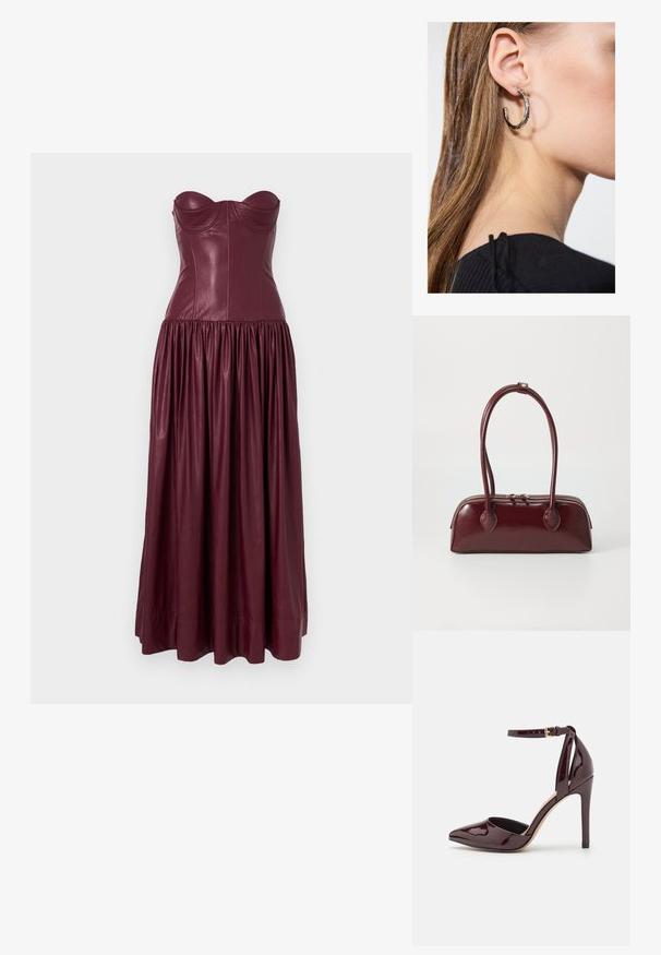 Vestido maxi de cuero burdeos con un corsé sin tirantes ajustado y falda amplia con pliegues. Textura suave con detalles sutiles en las costuras.; Zapato de charol burdeos de tacón alto con punta afilada, correa en el tobillo y un tacón de 10 cm tipo stiletto. Textura suave y detalles mínimos.; Bolso de piel burdeos con forma curva, asas dobles, cierre de cremallera y sutilezas en los detalles de costura. Acabado suave y brillante.; Pendiente de aro de plata con un acabado pulido, que presenta pequeños detalles en dorado y una forma redonda, llevado en el lóbulo.