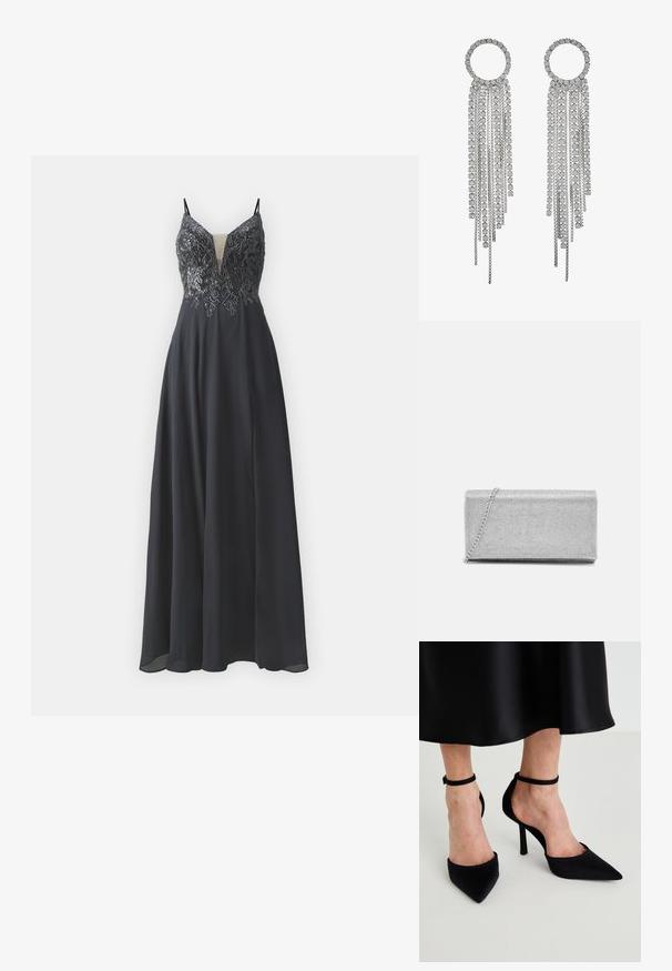 Langes schwarzes Kleid mit V-Ausschnitt, dünnen Trägern und filigraner silberner Stickerei am Oberteil. Fließender Stoff mit glatter Textur.; Schwarze spitze High Heels aus glattem Stoff mit einem Stiletto-Absatz und einem schmalen Knöchelriemen, mit einem offenen Seitendesign.; Silberne metallische Clutch-Tasche mit gewebtem Mesh-Design, rechteckiger Form und einer Kettenriemen zum Tragen. Glatte Textur und polierte Oberfläche.; Silberfarbene Ohrhängern mit einem runden Oberteil, das kaskadierende Ketten und quadratische, geschliffene Rhinestones zeigt und ein lineares, mehrstufiges Design präsentiert.