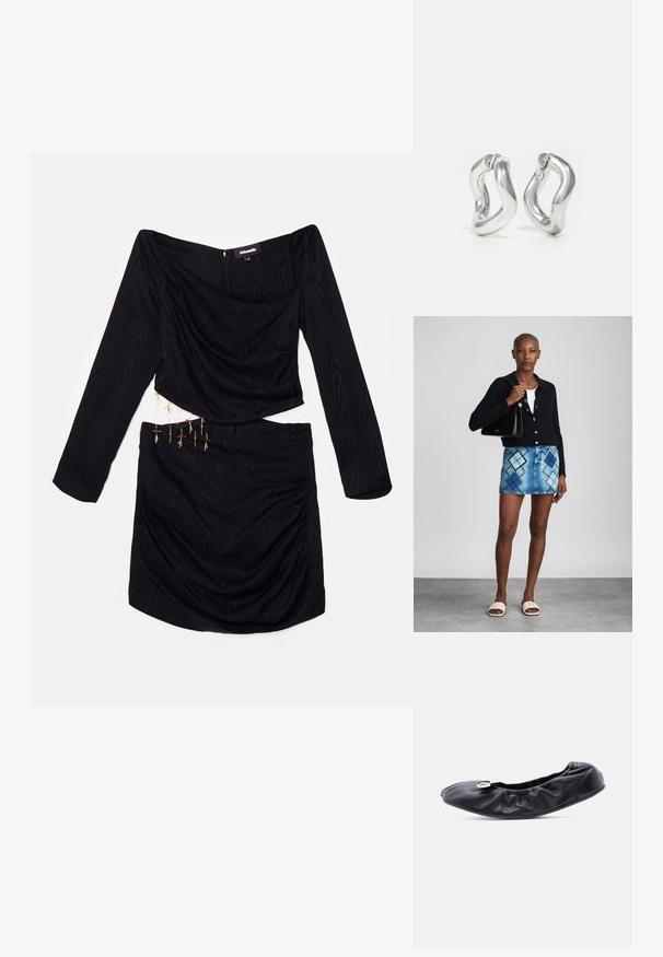 Ahluwalia FEMI DRAPED DRESS - Robe de soirée - black; Chaussure plate en cuir noir avec un bout arrondi et un design froncé le long de l'ouverture. Présente un détail discret en métal argenté sur le devant.; Un cardigan en maille noir, un haut blanc, une jupe en denim avec un motif de diamants bleus et noirs, un sac à main noir et des sandales à enfiler beiges.; Boucles d'oreilles créoles argentées avec un design torsadé. Bords arrondis et finition brillante. Fermoirs ouverts pour un port facile. Texture lisse sur toute la surface.