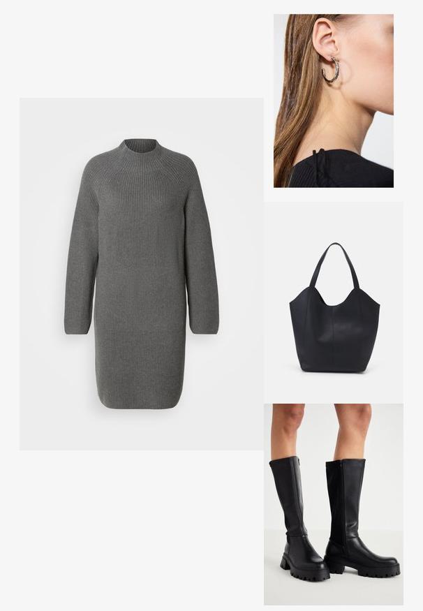 Robe en tricot grise avec un col haut et des manches longues, présentant une texture côtelée et une coupe droite légèrement ample. Pas de motifs ni d'accents visibles.; Cuissardes noires en simili cuir lisse avec une semelle épaisse, fermeture éclair sur le côté et bout arrondi.; Sac fourre-tout noir en cuir lisse, doté d'un haut ouvert et courbé avec deux brides d'épaule et un design minimaliste.; Boucle d'oreille en argent avec une finition polie, présentant de petits détails en or et de forme ronde, portée sur le lobe.
