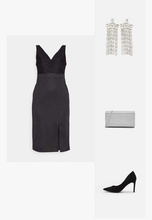 VILA VILAYA LACE DRESS - Vabalt langev kleit - black; Mustmust musta kõrge kontsaga king, millel on terav nina, sile tekstuur ja õhuke stiletto konts. Klassikaline disain elegantselt voolujoonelisena.; Hõbedane metallist kott, millel on kudumise võrgustik, ristkülikuline kuju ja kett, millega kanda. Sile tekstuur ja poleeritud viimistlus.; Kristalltropp kõrvarõngad hõbetoonis riistvara, millel on mitmed ristküliku- ja ruudukujulised kivide lõiked, paigutatud kaskaadsetesse ridadesse.