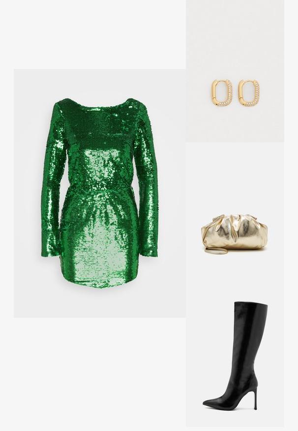 NA-KD SEQUIN DETAIL DEEP BACK MINI DRESS - Cocktail φόρεμα / Φόρεμα για πάρτι - green; Μαύρη μπότες μέχρι το γόνατο από γυαλιστερό δέρμα, με μυτερή μύτη και λεπτό τακούνι στιλέτο. Λείος υφή με μινιμαλιστικό σχέδιο.; Χρυσή μεταλλική τσάντα clutch με ζαρωτή υφή, μαλακή στρογγυλή μορφή και αποσπώμενη αλυσίδα. Διαθέτει μαζεμένη σχεδίαση στην κορυφή.; Χρυσοί σκουλαρίκια σε οβάλ σχήμα, με μια σειρά από ενσωματωμένους διαυγείς κρυστάλλους κατά μήκος μιας άκρης. Λείος μεταλλικός φινίρισμα και κομψός σχεδιασμός.