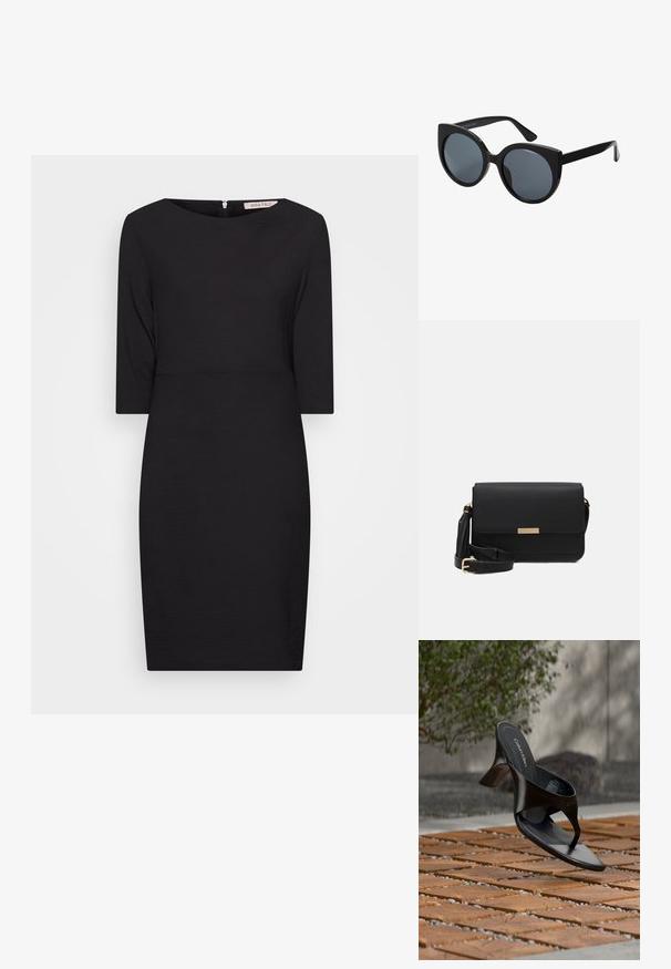 Anna Field by Zalando Φόρεμα σε ίσια γραμμή - black; Μαύρο γυναικείο σανδάλι Calvin Klein με τακούνι και λουράκι δακτύλου που αιωρείται πάνω από πλακόστρωτη εξωτερική επιφάνεια με φυτά και τοίχο από σκυρόδεμα στο φόντο.; Μαύρα υπερμεγέθη γυαλιά ηλίου σε σχήμα γάτας, με σκοτεινούς φακούς και γυαλιστερό πλαστικό σκελετό. Διαθέτουν παχιά άκρα για στήριξη.; Μαύρη δερμάτινη τσάντα χεριού με κάλυμμα, χρυσά αξεσουάρ, ρυθμιζόμενο λουράκι και υφή επιφάνειας. Συμπαγής ορθογώνιος σχήμα.
