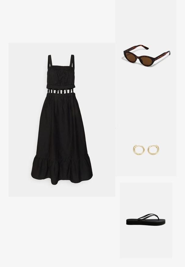 Object Petite OBJRAMILLA DRESS - Jurk - black; Zwarte rubberen teenslipper met gestructureerd zool en Y-vormige band, zijaanzicht op een effen lichte achtergrond.; Bruine schildpad zonnebril met een vintage cat-eye vorm en bruine lenzen. Heeft gebogen armen met rode accenten.; Gouden hoepel oorbellen met een gladde, ronde vorm. Voorzien van een kleine scharnierluiting, lichte uitstraling en een gepolijste afwerking.