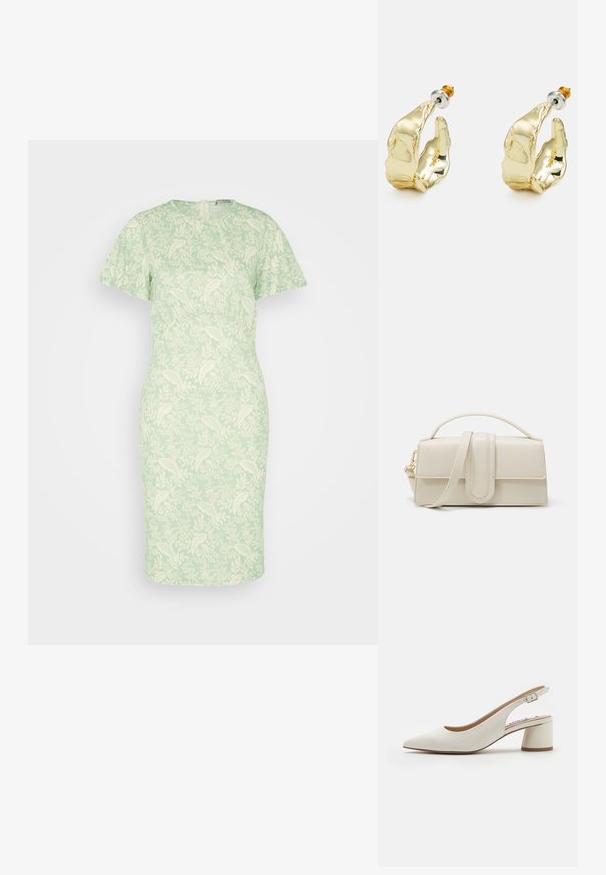 Anna Field by Zalando Jerseyjurk - green/light green; Witte leren slingback pump met een spitse neus, middelhoge blokhak en verstelbare strap. Gladde textuur; minimalistisch ontwerp.; Crème-kleurige leren handtas met een rechthoekige vorm, platte handgreep en afneembare schouderband; heeft een voorklep met een magnetische sluiting.; Goudkleurige oorbellen in de vorm van abstracte handen, met een glanzend oppervlak, ingewikkelde details en een zilver- en goudkleurige post voor een veilige bevestiging.