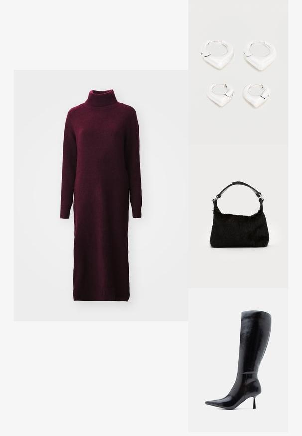 Burgundy sweater dress with a high neckline, long sleeves, and a ribbed hem. Made from soft, textured fabric.; Black knee-high stiletto boots with a shiny leather finish, pointed toe, and slim tapered heel, featuring a smooth surface and sleek design.; Black faux fur handbag with a soft texture, rounded shape, and a sturdy black leather shoulder strap. Silver hardware accents visible.; Two pairs of shiny silver hoop earrings with a distinctive pointed, V-shaped design, displayed on a white background.