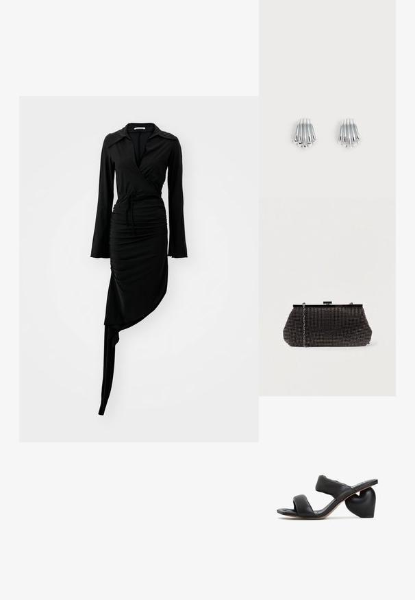 Vestido negro de manga larga con diseño envolvente, textura fruncida y un dobladillo asimétrico. Presenta un cuello y un detalle de cintura atada. Tela suave.; Sandalias deslizantes de cuero negro con un tacón en forma de corazón. Presenta dos tiras anchas y una superficie suave y texturizada. Suela de goma duradera.; Bolso de mano negro de malla con una silueta estructurada, adornado con pequeños tachuelas metálicas, que cuenta con un cierre de broche y una correa de cadena desmontable.; Par de pendientes plateados brillantes con diseño de barras curvas y en capas, mostrados sobre un fondo claro y liso.
