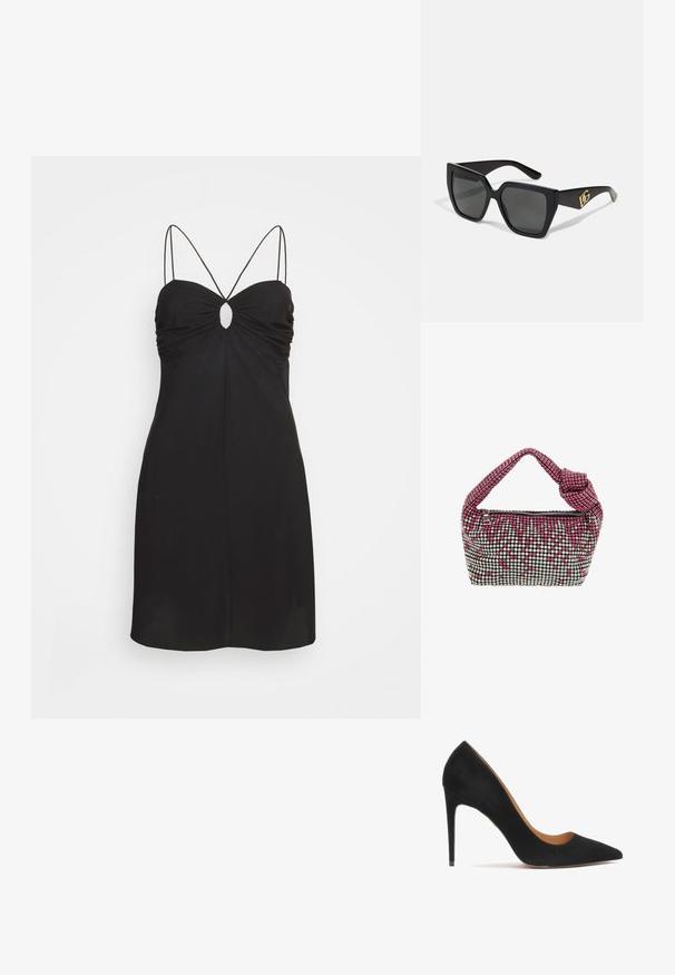 DESIGNERS REMIX VALERIE SHORT TIE DRESS - Cocktailkjole / festkjole - black; Sorte ruskind højhælede pumps med spids tå, glat tekstur og en slank silhuet. Har en slank stiletto-hæl og åbne sider.; Sorte solbriller med firkantet design og mørke linser. Har guld logo accenter på stellet. Glinsende plastikrammer.; Lille håndtaske med et struktureret mønster af pink og sølv rhinsten, med et knyttet håndtag og lynlås lukning.