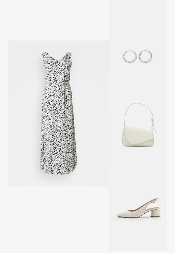 Maxikjole med V-hals og ærmeløs design, der har en hvid baggrund og et navy blå leopardmønstret. Blødt stof.; Hvide læder slingback pumps med spids tå, mellemhøj blokhæl og justerbar rem. Glat tekstur; minimalistisk design.; Hvid taske i faux læder med en struktureret trekantet form, enkelt justerbart skulderstrop og en flaplås med kurver.; Sølv hoops med en bølget, uregelmæssig tekstur. Har en tynd, cirkulær form og en reflekterende finish.