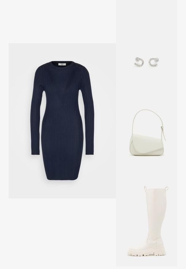 JDY JDYJOY O NECK SHORT DRESS - Vabalt langev kleit - dark blue; Knee-high valged valged kummist saapad, millel on paks kand ja külgedel elastsed paneelid. Omab ülaosas tõmblukke lihtsamaks jalga panemiseks. Sile tekstuur.; Valge kunstnahast käekott, millel on struktureeritud kolmnurkne kuju, üks reguleeritav rihm ja kõverjooneline klapp.; Hõbedased kõrvarõngad, mis on kujundatud kõveraks C-täheks, kaunistatud selgete, ümmarguste rhinestone'idega serva ääres. Sile metalliline tekstuur.