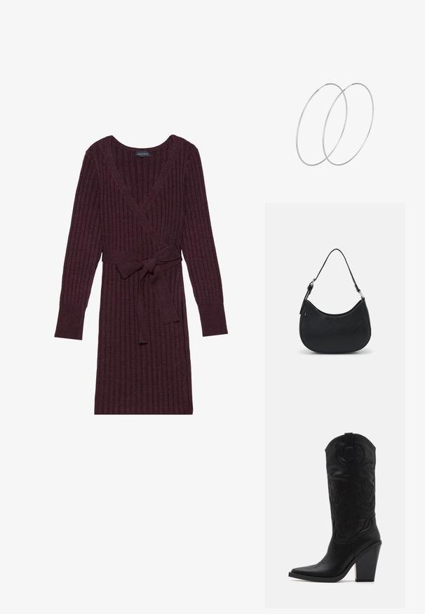 Bordeaux ribbelgebreid wikkeljurk met lange mouwen, V-hals en een bijpassende strikriem in de taille. Zachte textuur met een verticaal patroon.; Simmi London DANIQUE - Laarzen met hoge hak - black; Zwarte hobo tas van soepel leer met een gebogen silhouet, voorzien van een enkele verstelbare schouderriem en minimalistische ontwerpdetails.; Zilveren hoepel oorbellen met een minimalistisch ontwerp. Cirkelvormig, gladde textuur en dun profiel. Lichtgewicht met een gepolijste afwerking.