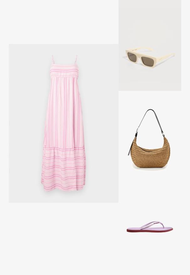 Hollister Co. BABYDOLL MAXI - Μάξι φόρεμα - light pink/white; Ανοιχτό μωβ σανδάλι τύπου σαγιονάρα με υφή στη σόλα και λεπτά λουριά, επίπεδη κόκκινη σόλα, απομονωμένο σε λευκό φόντο.; Κρεμ ορθογώνια γυαλιά ηλίου με σκοτεινούς φακούς και το λογότυπο Vogue στη γέφυρα και στο φακό, εμφανιζόμενα πάνω σε λευκό φόντο.; Μικρή καφέ υφαντή τσάντα ώμου με μαύρο ρυθμιζόμενο λουρί και κλείσιμο με φερμουάρ, εμφανίζεται σε λευκό φόντο.