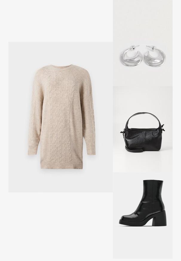 Beige kabelstrikket sweatshirtkjole med lange ærmer og ribbet rund hals, manchetter og nederste kant.; Sorte ankelstøvler med en blank finish, firkantet tå og en tyk blokhæl. Designet har en strømlinet silhuet og minimal branding.; Sort læderhåndtaske med et struktureret design, rund tophåndtag og aftagelig skulderrem. Den har en glat tekstur og en subtil glans.; Et par polerede sølv halvmåneformede hoop øreringe med klare plastikbagsider på en hvid overflade.