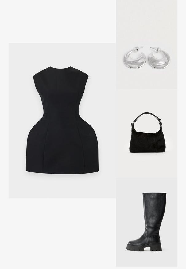Schwarzes strukturiertes Minikleid mit betonten Hüften und tailliertem Bund, mit rundem Ausschnitt und ärmellosem Design auf weißem Hintergrund.; Schwarze kniehohe Stiefel aus glattem Leder mit einer dicken, strukturierten Sohle und dezenten Nahtdetails an der Außenseite.; Schwarze Kunstfell-Handtasche mit weicher Textur, runder Form und einem stabilen schwarzen Leder-Schulterriemen. Sichtbare silberne Hardware-Akzente.; Ein Paar polierte silberne, halbmondförmige Creolen mit klaren Kunststoffrückseiten auf einer weißen Oberfläche.