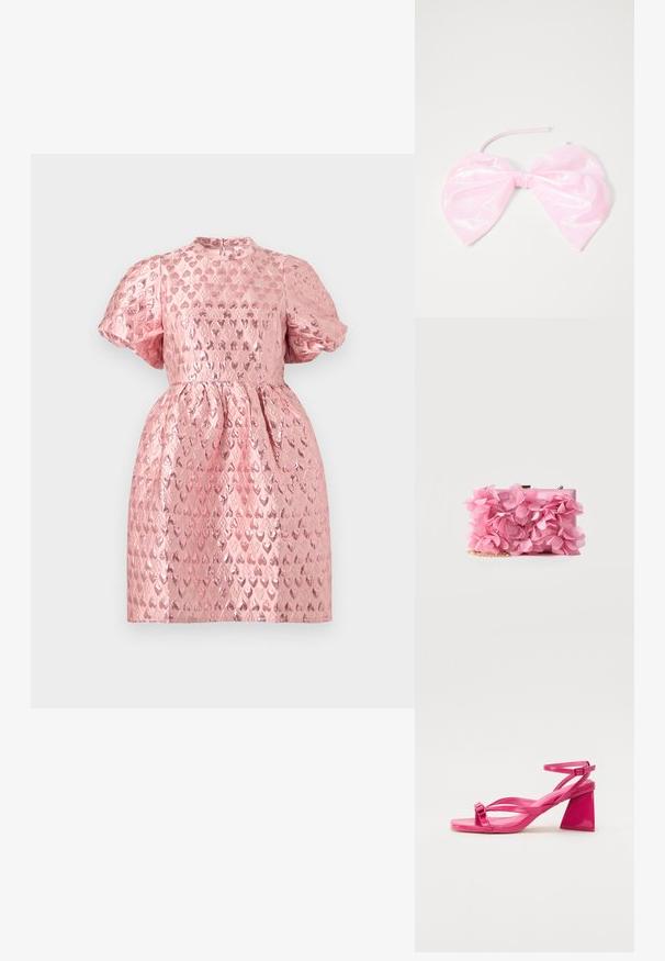 Vestido rosa de manga corta con patrón de corazones brillantes, cuello alto, cintura ajustada y mangas abullonadas, exhibido sobre un fondo liso.; Sandalias de tacón de charol rosa con punta cuadrada, tiras estrechas y un tacón geométrico cuadrado. Presenta un detalle de hebilla en la tira.; Pequeño bolso de mano rectangular de color rosa adornado con flores de tela superpuestas y una correa de cadena dorada sobre un fondo blanco.; Accesorio para el cabello de color rosa y brillante con forma de gran lazo, con una textura suave y una delgada correa para asegurarlo en su lugar.