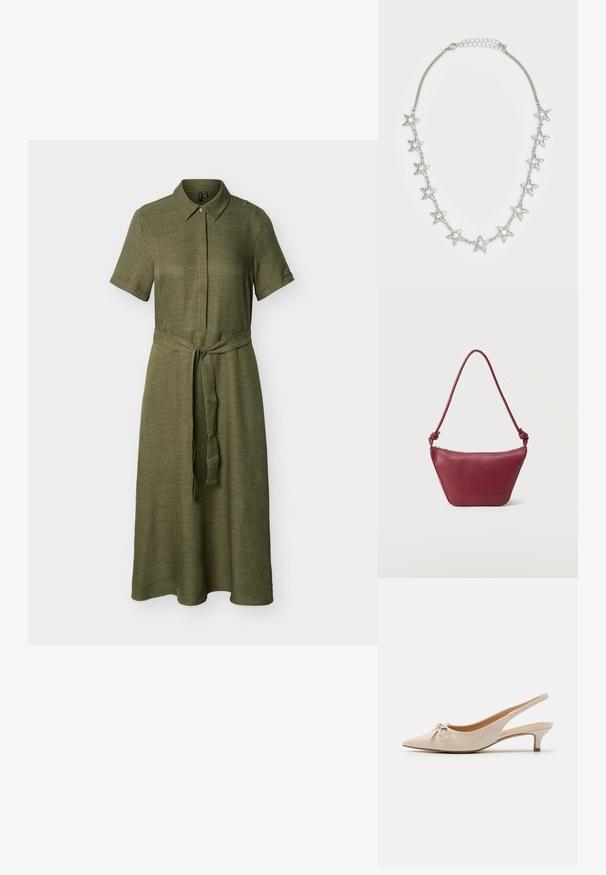Robe midi kaki à manches courtes avec col, patte de boutonnage à l'avant et ceinture assortie en tissu à nouer à la taille.; Escarpins slingback en cuir verni beige avec un bout pointu et un nœud décoratif sur le devant. Comprennent un talon bas et fin ainsi qu'une texture lisse.; Petit sac à bandoulière en cuir marron foncé avec bandoulière nouée et fermeture éclair supérieure, sur un fond clair uni.; Collier en chaîne argentée avec onze pendentifs en forme d'étoile, chacun avec une pierre précieuse centrale transparente, et un fermoir à réglage.