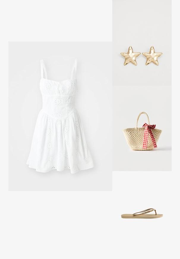 Vestido blanco con tirantes de espagueti ajustables, un corsé ajustado y una falda acampanada. Presenta bordados en forma de ojal y un detalle de cuerda en el escote.; Chanclas con una suela texturizada beige, finas tiras marrones y acentos de purpurina dorada. Diseño ligero adecuado para uso casual.; Bolso tote de paja tejido con asas trenzadas y un lazo de cinta a cuadros rojos y blancos atado a un lado.; Pendientes en forma de estrella dorada con un acabado suave y brillante y un diseño tridimensional, que presentan cinco puntas y una textura ligeramente curvada.