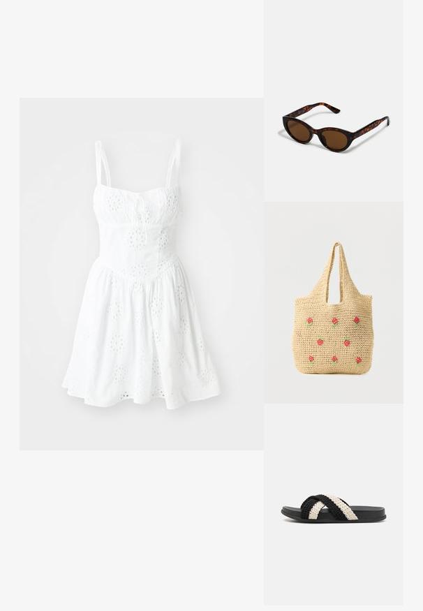 Vestido blanco con tirantes de espagueti ajustables, un corsé ajustado y una falda acampanada. Presenta bordados en forma de ojal y un detalle de cuerda en el escote.; Sandal de tira plana de caucho, tejido en negro y crema, con dos tiras trenzadas cruzadas hechas de un material suave y texturizado.; Gafas de sol de carey marrón con una forma vintage de ojo de gato y lentes marrones. Presentan brazos curvados con acentos rojos.; Bolso tote tejido en beige con asas cortas, decorado con pequeñas flores bordadas en rojo y verde, espaciadas a lo largo del frente.