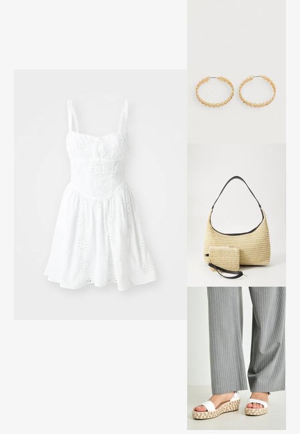 Robe blanche avec des bretelles spaghetti réglables, un corsage ajusté et une jupe évasée. Présente une broderie en œillets et un détail à cordon au niveau du décolleté.; Sandales compensées blanches avec une semelle en espadrille tissée, dotées d'une bride supérieure lisse et d'un subtil détail métallique au niveau du talon. Pantalons à rayures gris visibles.; Sac à main en paille tissée avec une silhouette courbée, doté d'une bandoulière en cuir noir lisse et d'une petite pochette assortie attachée par une sangle pour le poignet.; Boucles d'oreilles créoles en or avec un design texturé orné de petites perles rondes sur le bord extérieur. Légères avec une fermeture sécurisée.