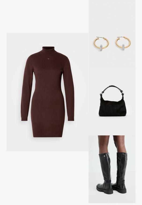 Bruine gebreide turtleneck jurk met lange mouwen, aansluitende pasvorm en geribde manchetten, voorzien van een klein merkembleem op de borst.; Zwarte leren kniehoge laarzen met een gladde textuur, ronde neus, stevige zool en ritssluiting. Voorzien van een zilveren logo aan de zijkant.; Zwarte neplederen handtas met een zachte textuur, ronde vorm en een stevige zwartleren schouderband. Zilveren hardwareaccenten zichtbaar.; Paar goudkleurige creolen met kleine zilverkleurige lusdetail op elk, weergegeven tegen een lichtgrijze achtergrond.