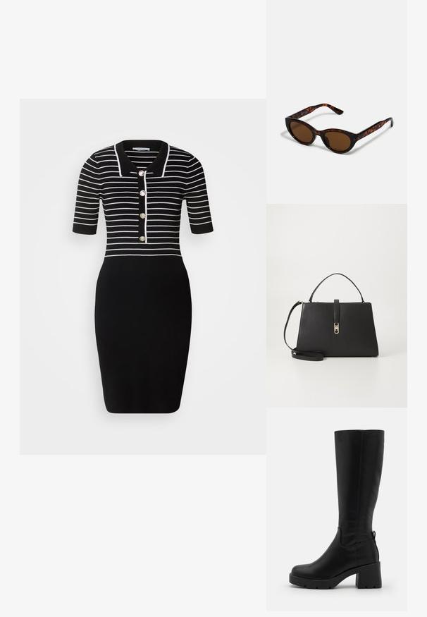 Morgan Etuikjole - noir/blanc; Even&Odd Plateaustøvler - black; Brune skildpadde solbriller med en vintage katteøje-form og brune linser. Har buede arme med røde detaljer.; Tommy Hilfiger TH LIBRE MED SATCHEL - Håndtasker - black
