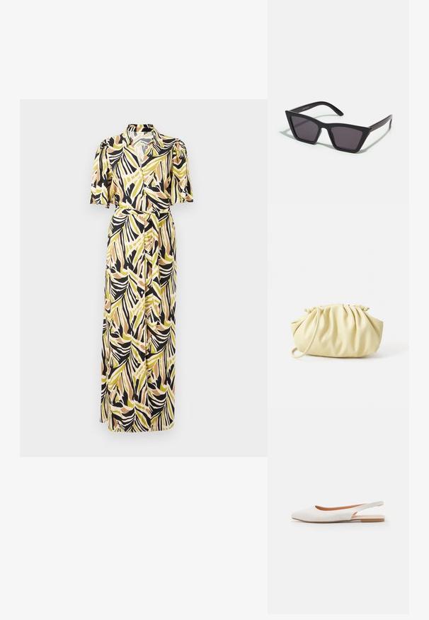 Robe maxi avec un col, des manches courtes bouffantes et un design enveloppant, ornée d'un motif de feuilles jaune, vert, noir et beige.; Ballerines blanches en cuir avec un bout pointu, design minimal, semelle plate et détail découpé au niveau du talon. Texture lisse.; Lunettes noires angulaires avec des verres gris ; fabriquées en plastique, avec des branches épaisses à la surface lisse et sans matériel visible.; Sac à main plissé jaune en simili cuir lisse, arborant une forme douce avec une bandoulière unique et un design froncé sur le dessus.