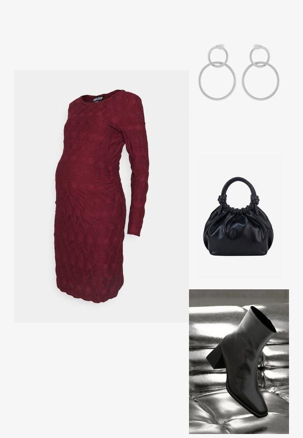 Pieces Maternity PMLOLA O-NECK SHORT DRESS - Džersejové šaty - tawny port; Čierne členkové topánky vyrobené z lesklého materiálu so štvorcovou špičkou a zúženým podpätkom, na lesklom striebornom podklade s vystuženým vzorom.; Čierna mäkká kožená kabelka so zožmúreným vrchným okrajom a dvoma hrubými uchami zviazanými uzlami na jednoliatom svetlom pozadí.; Strieborné kovové náušnice s dvoma prepojenými kruhmi, jeden väčší a jeden menší, s jemne brúseným povrchom a zarážkami na zatlačenie.