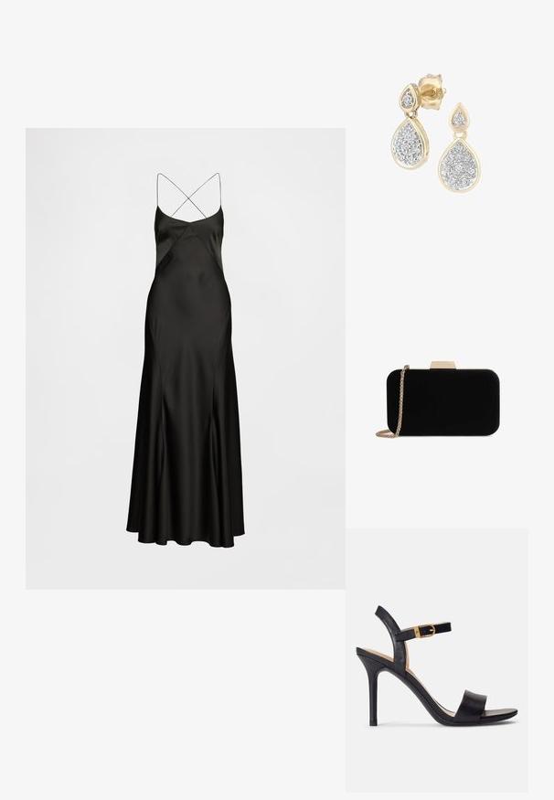 Vestido de satén negro tipo slip con finas tirantes cruzados en los hombros, silueta en línea A y textura suave y fluida. Diseño de largo hasta el suelo.; Sandalias de tacón alto negras con parte superior de cuero suave, punta abierta y diseño de tira única con un detalle de hebilla dorada.; Clutch de terciopelo negro con herrajes en tono dorado, de forma rectangular y con correa de cadena, que presenta una textura suave y sin patrones visibles.; Pendientes en forma de lágrima con un marco dorado y acentos plateados, adornados con múltiples piedras redondas brillantes en una disposición decorativa.