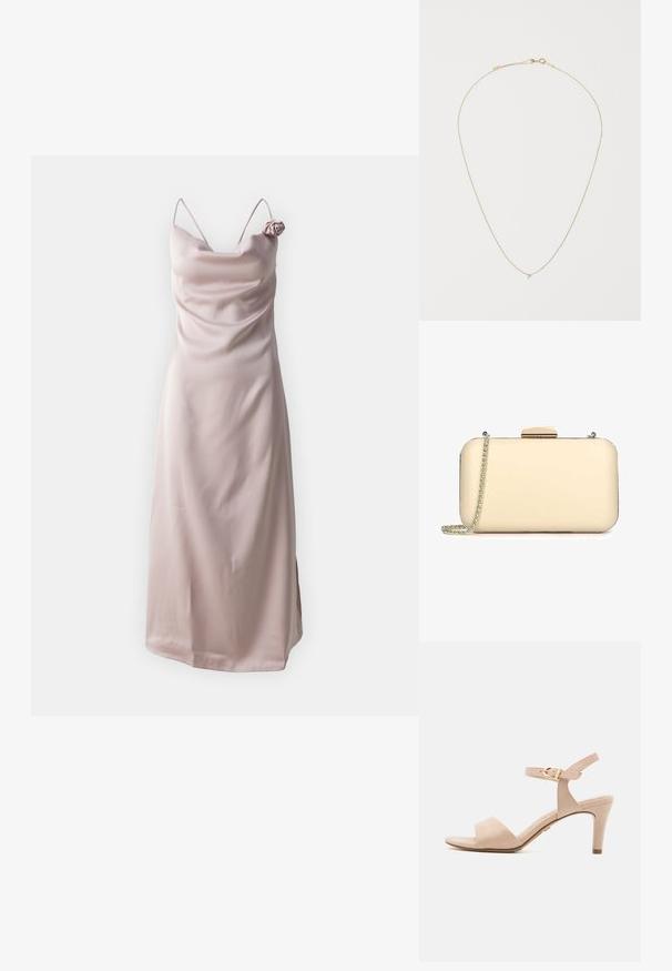 Robe fluide en satin de couleur rose pâle avec des fines bretelles et un décolleté drapé, ornée d'une accent en forme de rose sur l'épaule gauche.; Sandale à talons hauts en suède beige avec une sangle de cheville étroite, une ouverture à l'avant et un talon effilé de 7,5 cm; présente un détail de boucle en or.; Pochette de couleur crème avec une finition lisse, de forme rectangulaire, avec des accents en métal doré et une bandoulière en chaîne amovible.; Collier en or avec un design délicat, doté d'un petit pendentif au centre. Disponible dans une texture lisse et brillante.