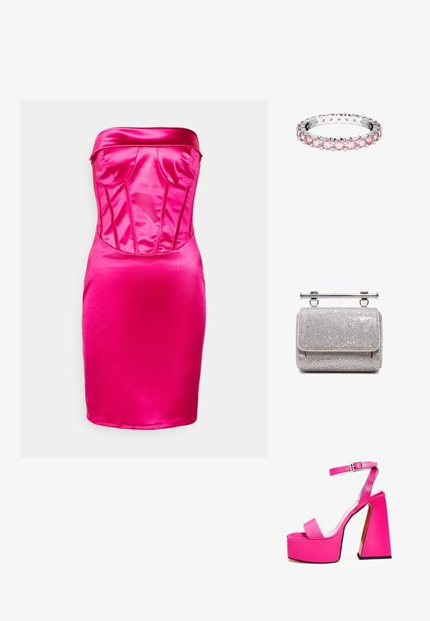 WAL G. MILLA CORSET - Cocktailjurk - fuchsia; Roze platform sandalen met een brede vierkante hak, enkelband, een gladde afwerking en een open teen ontwerp. Gespaccent op de enkel.; Zilveren clutch tas bedekt met kleine strass-steentjes en een korte metalen handgreep bovenop, tegen een witte achtergrond.; Roze edelstenenring met zilveren zetting, met gelijkmatig verdeelde ronde stenen, een gladde band en een gepolijste afwerking.