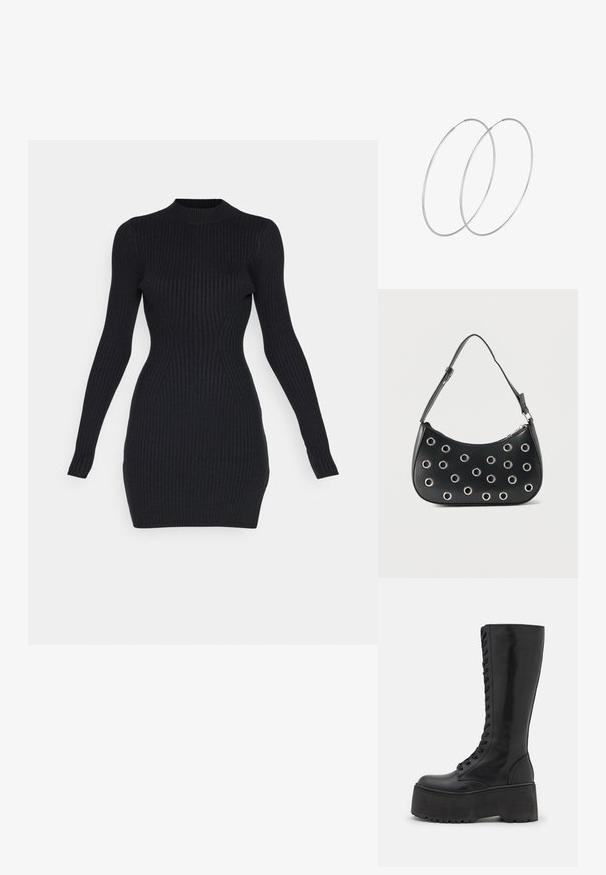 Sort ribbet strikkjole med lange ærmer, høj halsudskæring og tætsiddende silhuet. Har detaljer langs sidesømmene og en tekstureret overflade.; Zign by Zalando LEATHER - Snørestøvler - black; Sort læder skuldertaske med justerbar rem, dekoreret med sølvfarvede metalnitter og lukning med øverste lynlås.; Sølvøreringe med et minimalistisk design. Cirkulær form, glat tekstur og tynd profil. Letvægtige med en poleret overflade.
