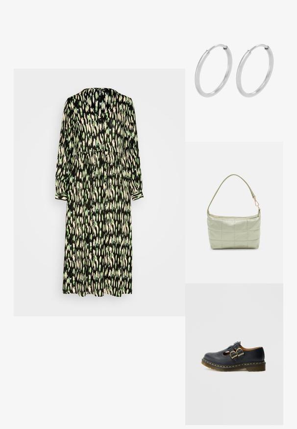 Pieces PCNYA LS - Robe de jour - black; Chaussure en cuir noire avec deux brides à boucles, présentant des détails perforés, un bout arrondi et un accent de couture jaune autour de la semelle.; Sac vert rembourré avec une texture douce, de forme rectangulaire, à une bandoulière, et fermeture à glissière dorée. Présente un motif matelassé.; Boucles d'oreilles en argent, de forme circulaire, avec une texture lisse et brillante, et une largeur constante. Design minimaliste sans accents supplémentaires.