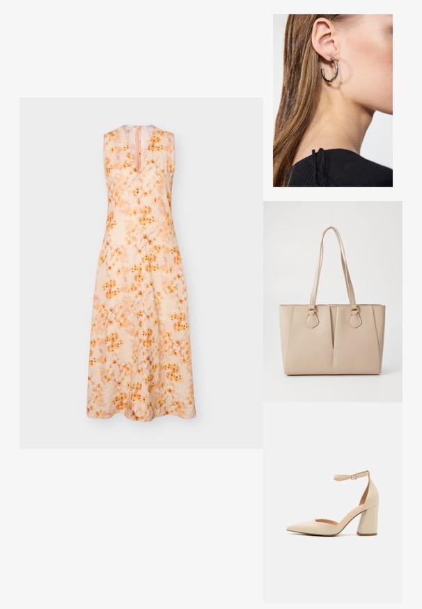 Vestido sin mangas hasta la rodilla con escote en V, base beige claro y estampado floral naranja, mostrado sobre un fondo liso gris claro.; Zapato de tacón alto de charol beige con punta afilada, correa en el tobillo y tacón grueso. Textura suave con detalles de costura mínimos.; Bolso tote beige hecho de cuero sintético texturizado, con asas dobles y adornos en dorado. El diseño incluye un detalle frontal dividido.; Pendiente de aro de plata con un acabado pulido, que presenta pequeños detalles en dorado y una forma redonda, llevado en el lóbulo.